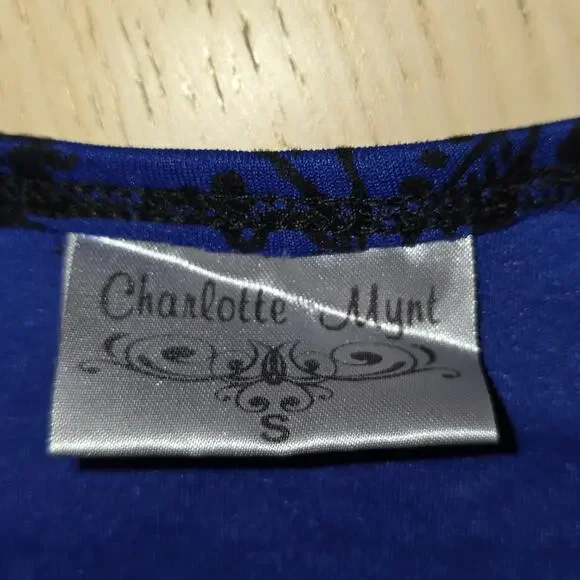 Vintage Royal Blue Black Velvet Flocked Damask Regencycore Dress Bodycon SZ S - Picture 6 of 6